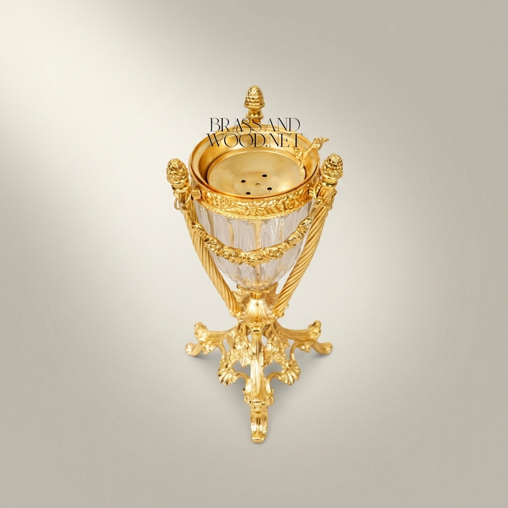 Louis XVI Crystal Brass Incense Burner with Garland Mounts & Pinecone Finials