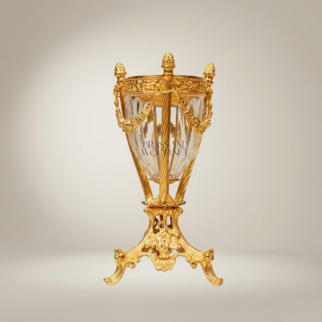 Louis XVI Crystal Brass Incense Burner with Garland Mounts & Pinecone Finials