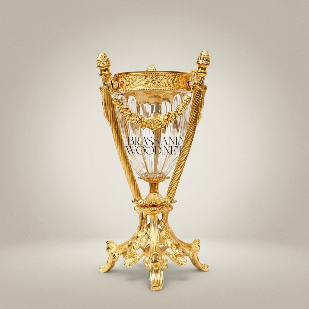Louis XVI Crystal Brass Incense Burner with Garland Mounts & Pinecone Finials