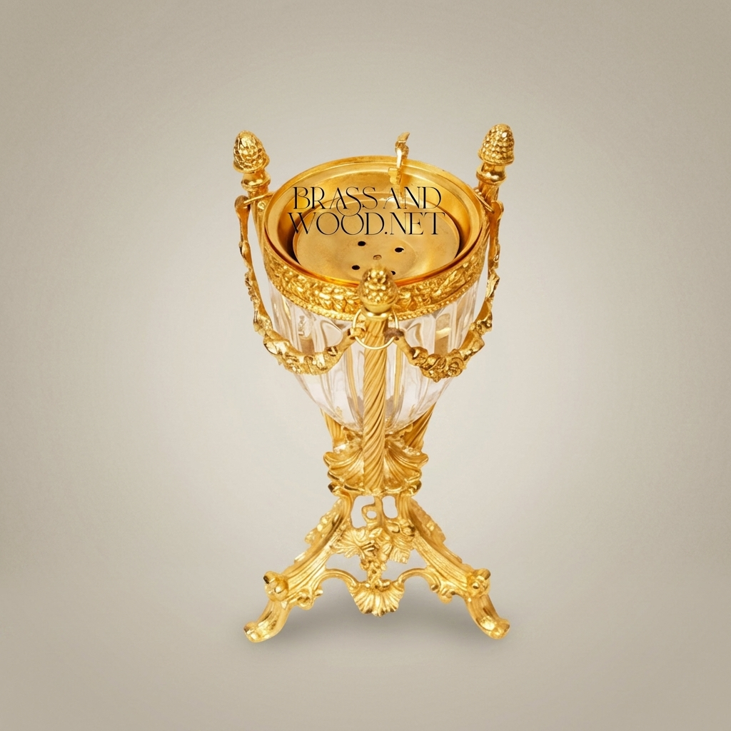 Louis XVI Crystal Brass Incense Burner with Garland Mounts & Pinecone Finials