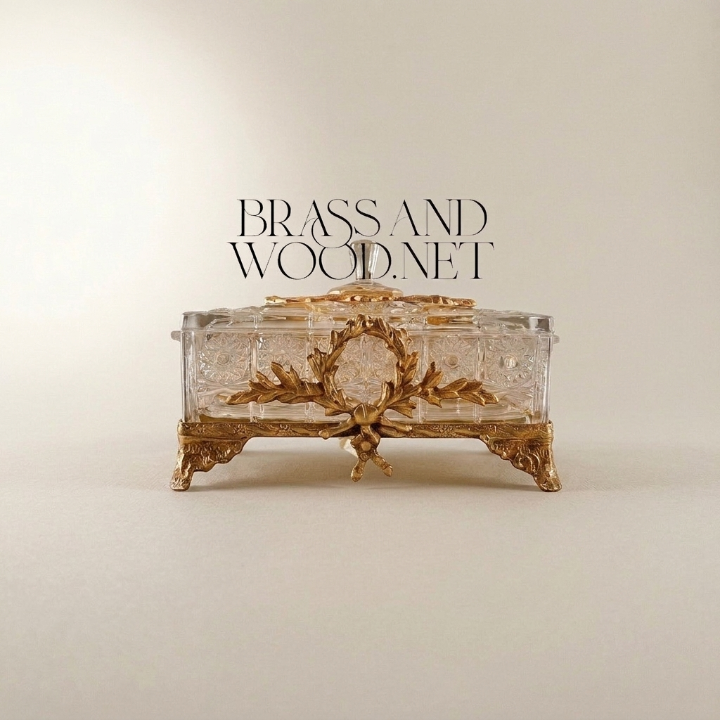 Clear Crystal Lidded Bonbonniere with Gilt Laurel Wreath