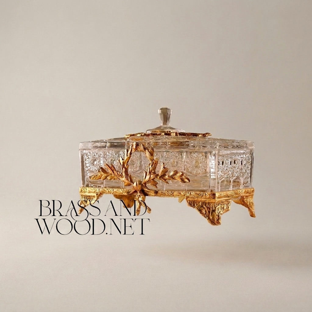 Clear Crystal Lidded Bonbonniere with Gilt Laurel Wreath