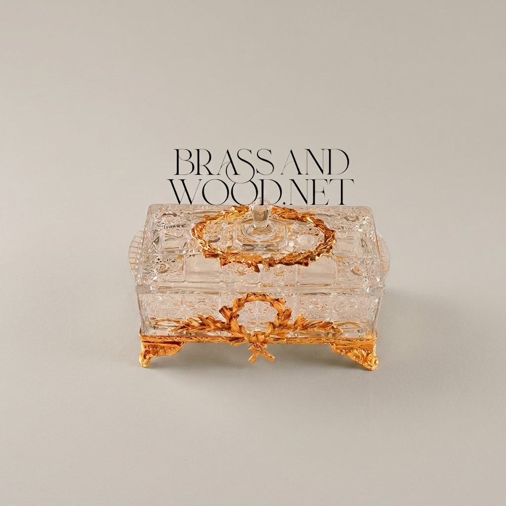 Clear Crystal Lidded Bonbonniere with Gilt Laurel Wreath