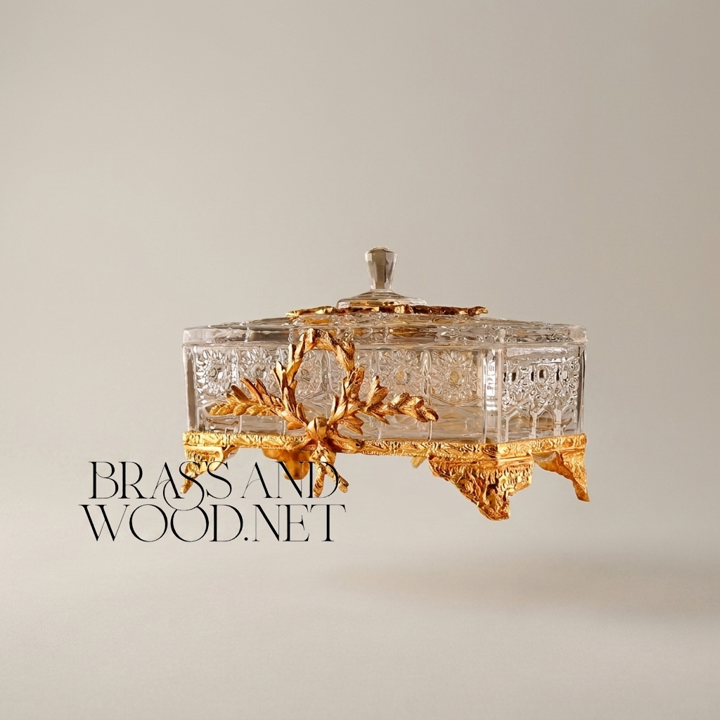 Clear Crystal Lidded Bonbonniere with Gilt Laurel Wreath