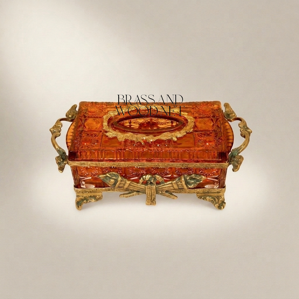 Napoleon III Amber Crystal Tissue Box with Ribbon & Torch Gilt Brass Mounts