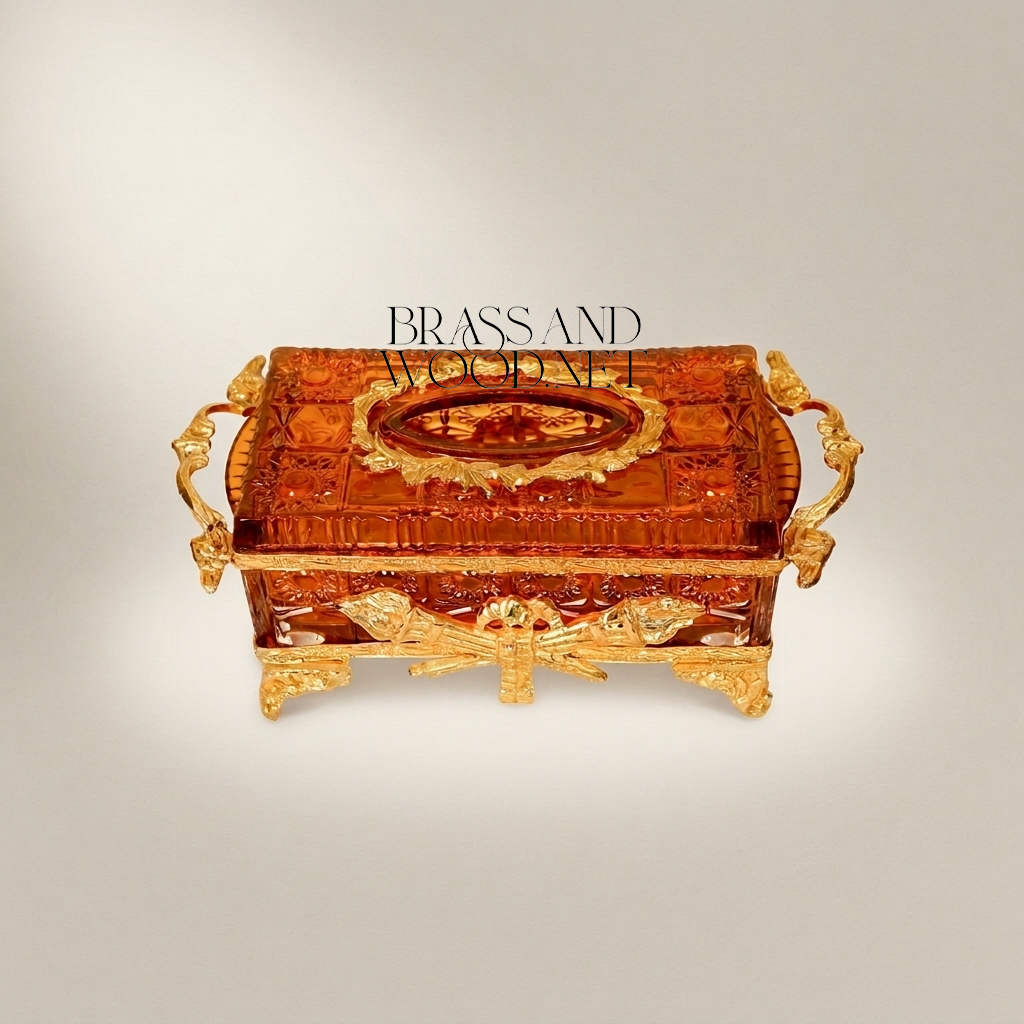 Napoleon III Amber Crystal Tissue Box with Ribbon & Torch Gilt Brass Mounts