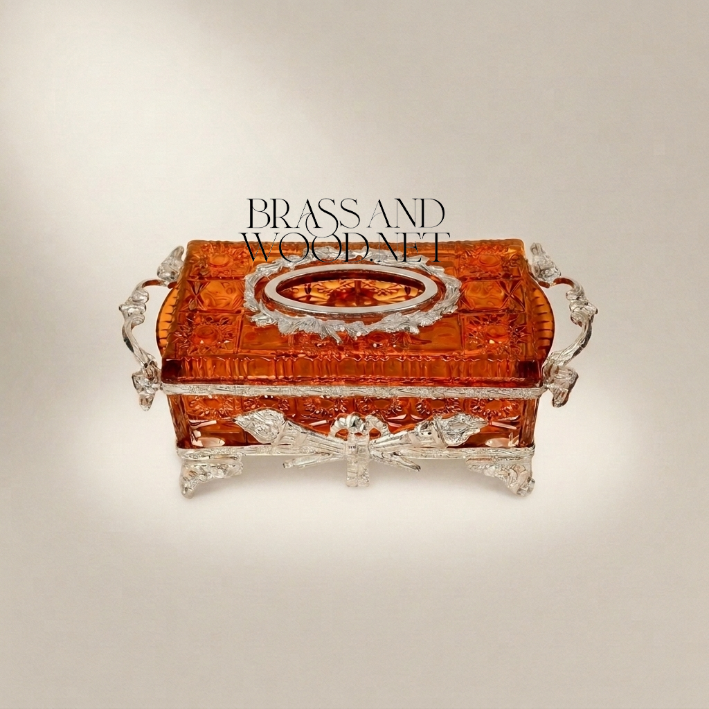 Napoleon III Amber Crystal Tissue Box with Ribbon & Torch Gilt Brass Mounts