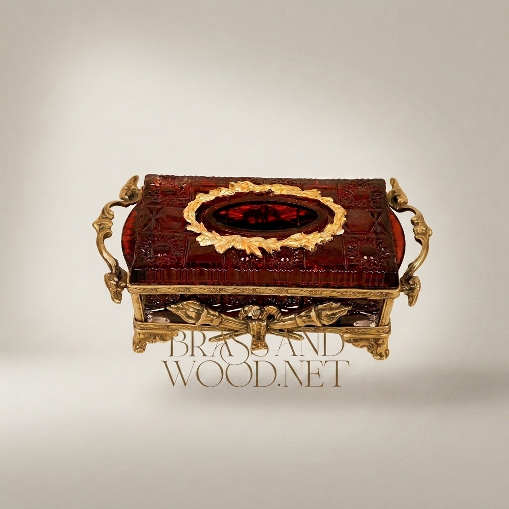 Napoleon III Rococo Revival Tissue Box — Deep Crimson Resin with Gilt Brass Scrollwork & Agate Lid Medallion