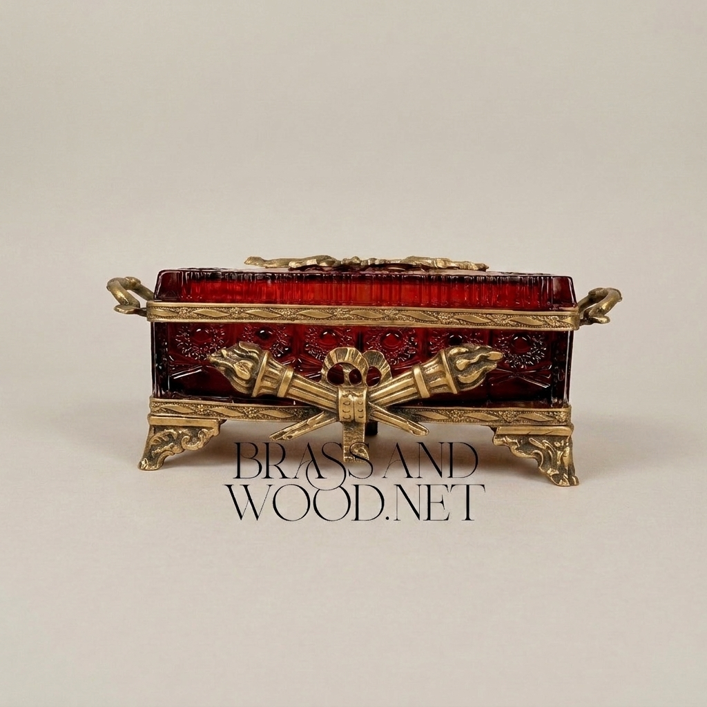 Napoleon III Rococo Revival Tissue Box — Deep Crimson Resin with Gilt Brass Scrollwork & Agate Lid Medallion