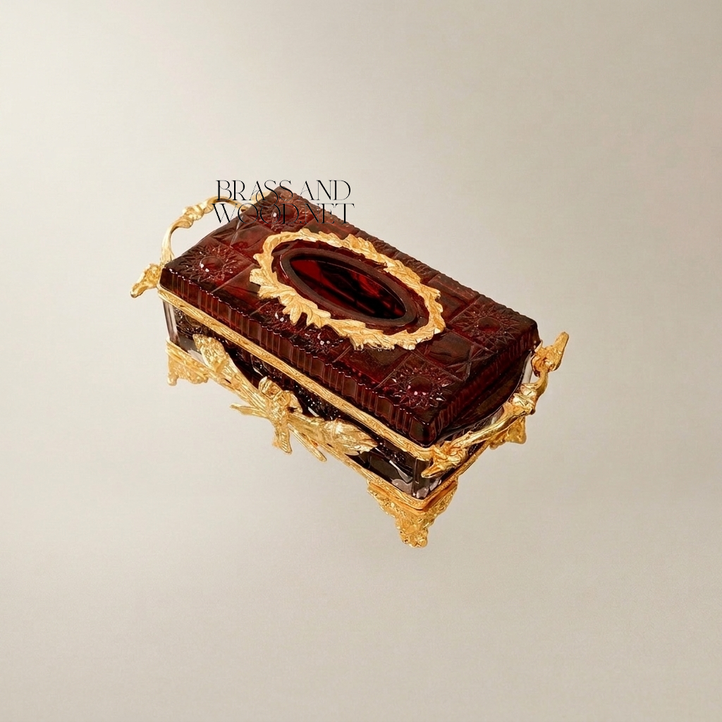 Napoleon III Rococo Revival Tissue Box — Deep Crimson Resin with Gilt Brass Scrollwork & Agate Lid Medallion