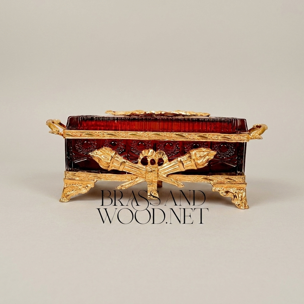 Napoleon III Rococo Revival Tissue Box — Deep Crimson Resin with Gilt Brass Scrollwork & Agate Lid Medallion