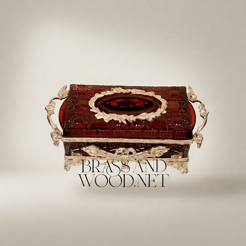 Napoleon III Rococo Revival Tissue Box — Deep Crimson Resin with Gilt Brass Scrollwork & Agate Lid Medallion