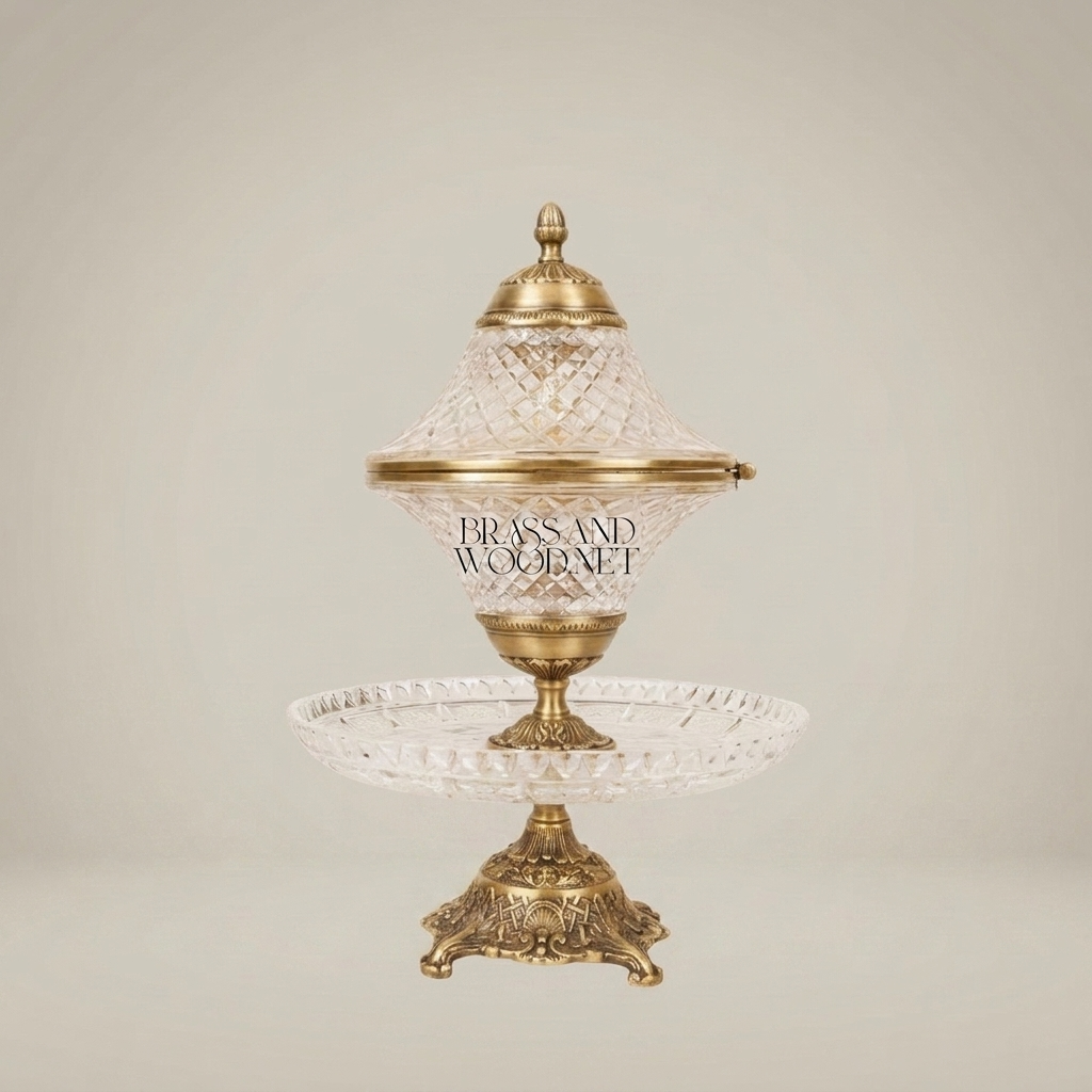 Belle Époque Diamond-Cut Crystal Incense Burner with Hinged Lid & Ornate Brass Stand
