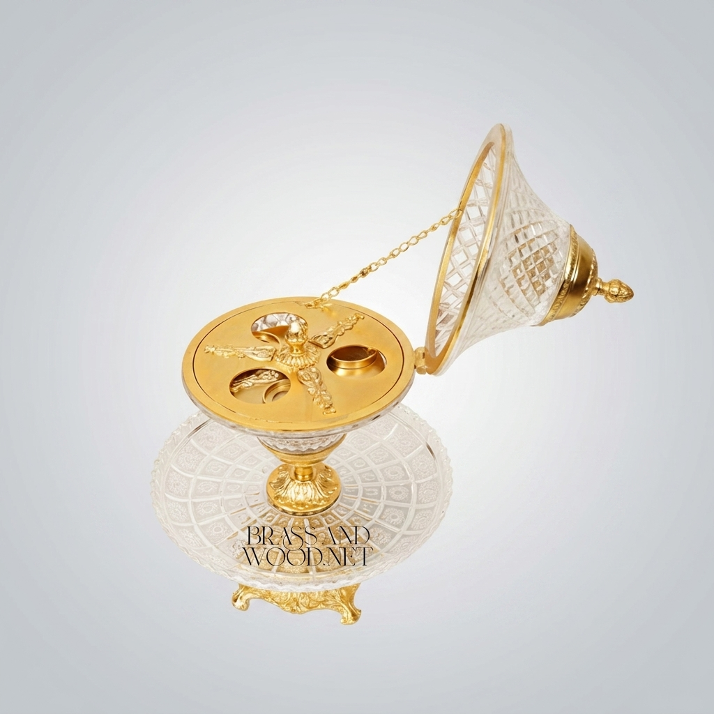 Belle Époque Diamond-Cut Crystal Incense Burner with Hinged Lid & Ornate Brass Stand