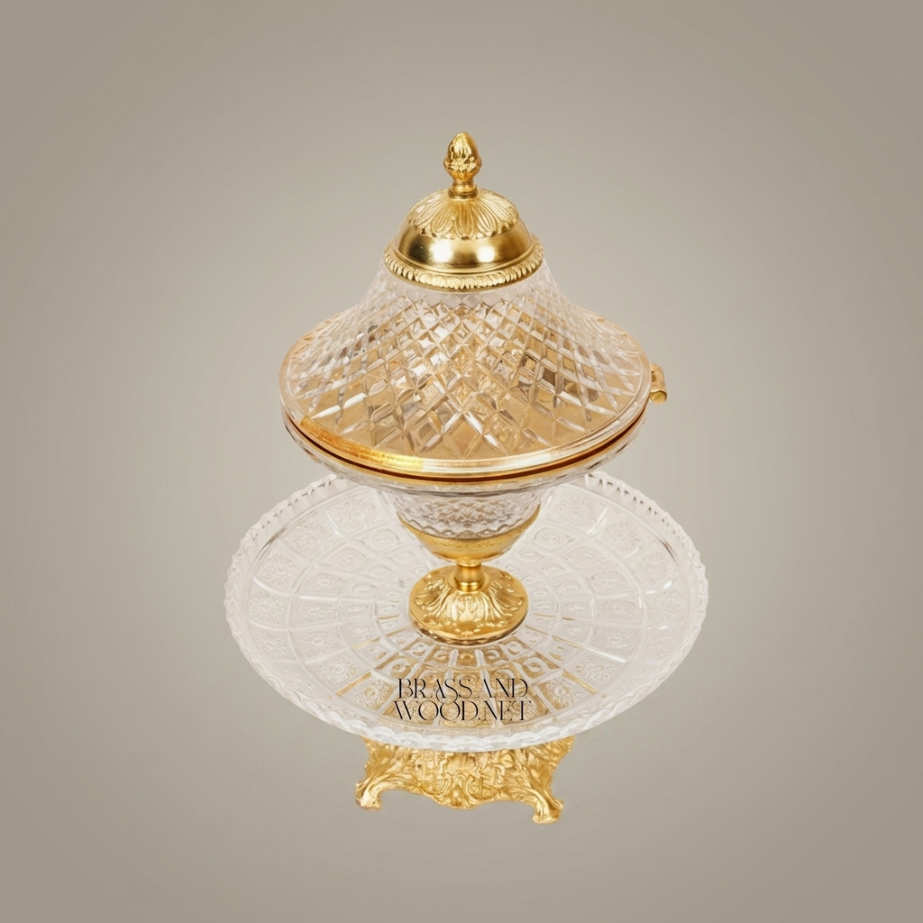 Belle Époque Diamond-Cut Crystal Incense Burner with Hinged Lid & Ornate Brass Stand
