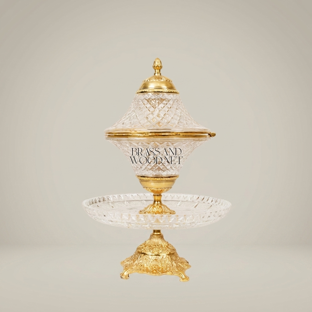 Belle Époque Diamond-Cut Crystal Incense Burner with Hinged Lid & Ornate Brass Stand