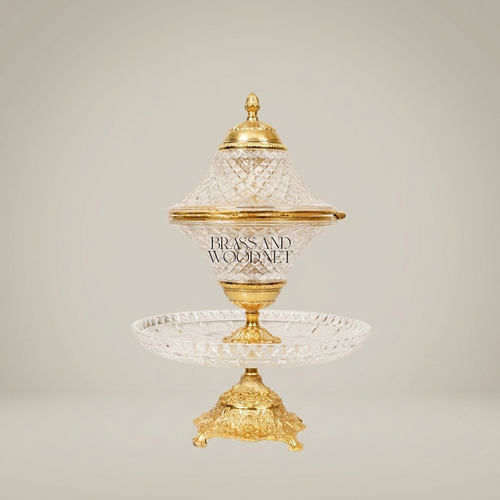 Belle Époque Diamond-Cut Crystal Incense Burner with Hinged Lid & Ornate Brass Stand