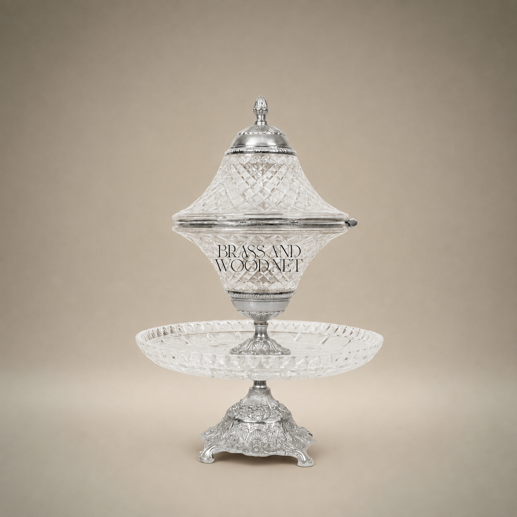 Belle Époque Diamond-Cut Crystal Incense Burner with Hinged Lid & Ornate Brass Stand