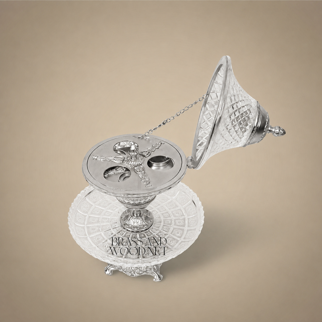 Belle Époque Diamond-Cut Crystal Incense Burner with Hinged Lid & Ornate Brass Stand