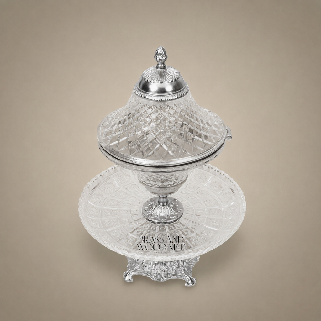 Belle Époque Diamond-Cut Crystal Incense Burner with Hinged Lid & Ornate Brass Stand