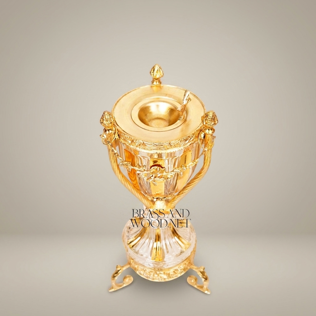 Empire Neoclassical Crystal Urn Incense Burner - Gilt Brass Acanthus Tripod