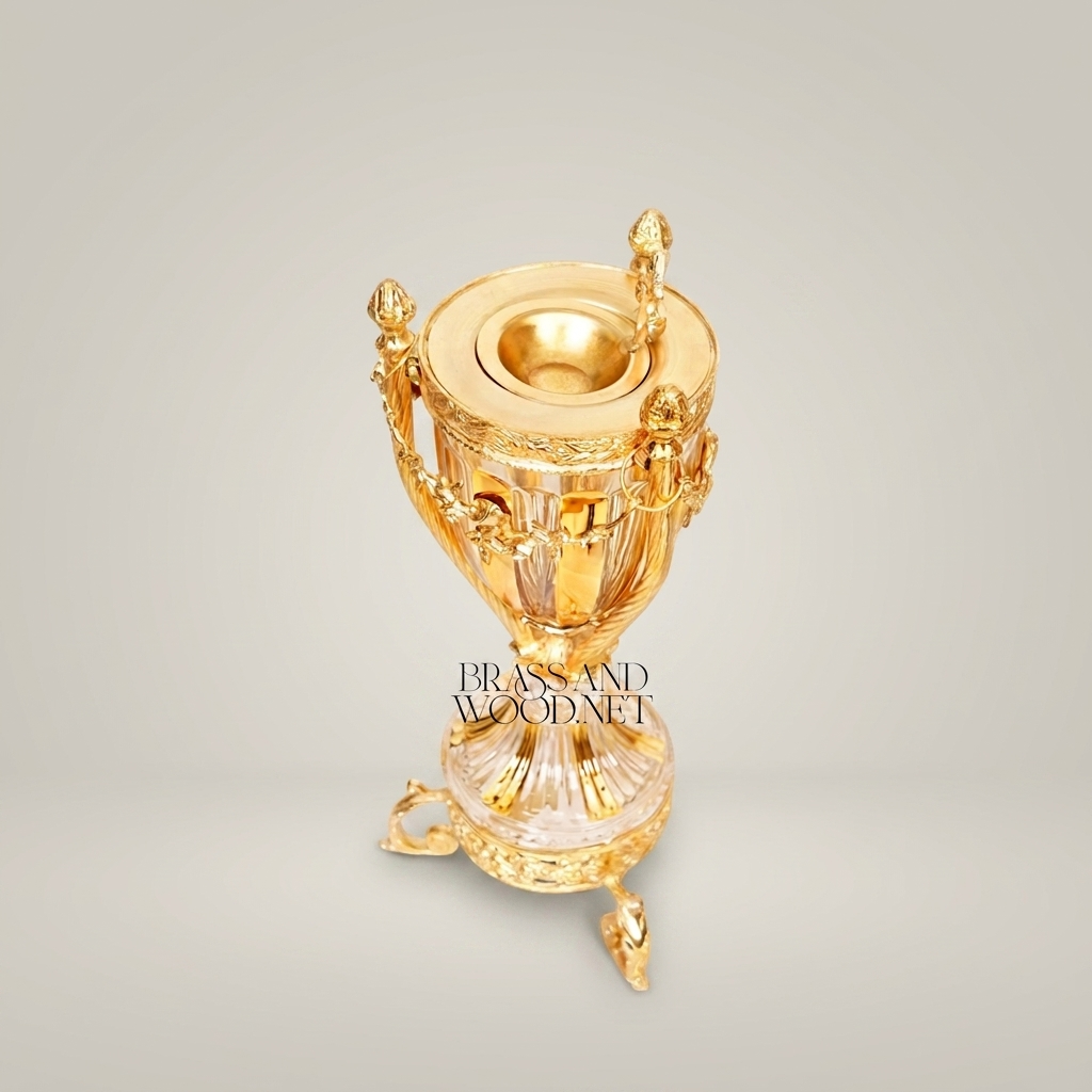 Empire Neoclassical Crystal Urn Incense Burner - Gilt Brass Acanthus Tripod