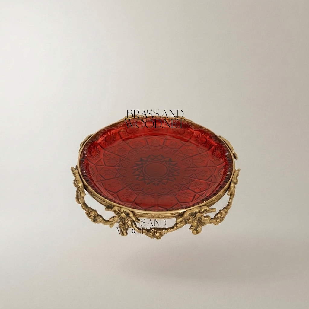 Napoleon III Rococo Revival Brass & Red Glass Decorative Tray with Floral Garland Frame