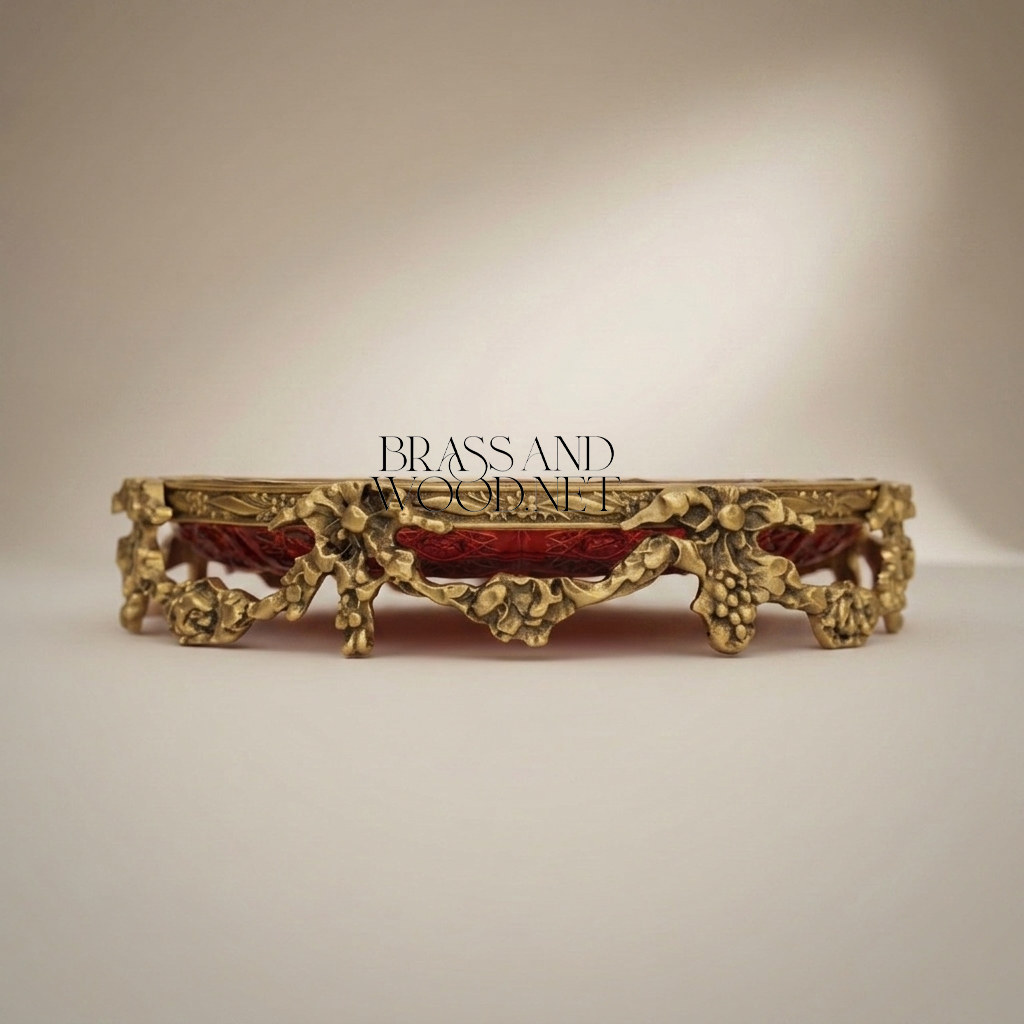 Napoleon III Rococo Revival Brass & Red Glass Decorative Tray with Floral Garland Frame