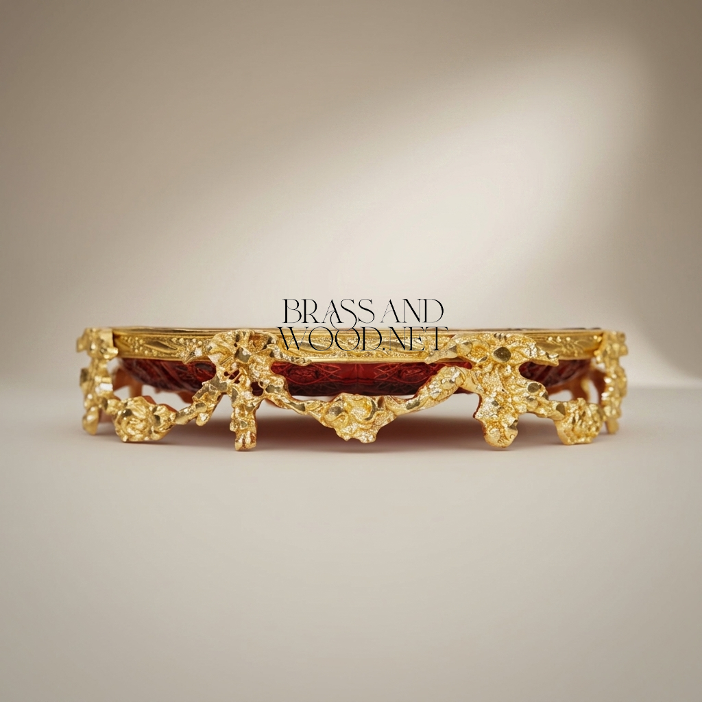 Napoleon III Rococo Revival Brass & Red Glass Decorative Tray with Floral Garland Frame