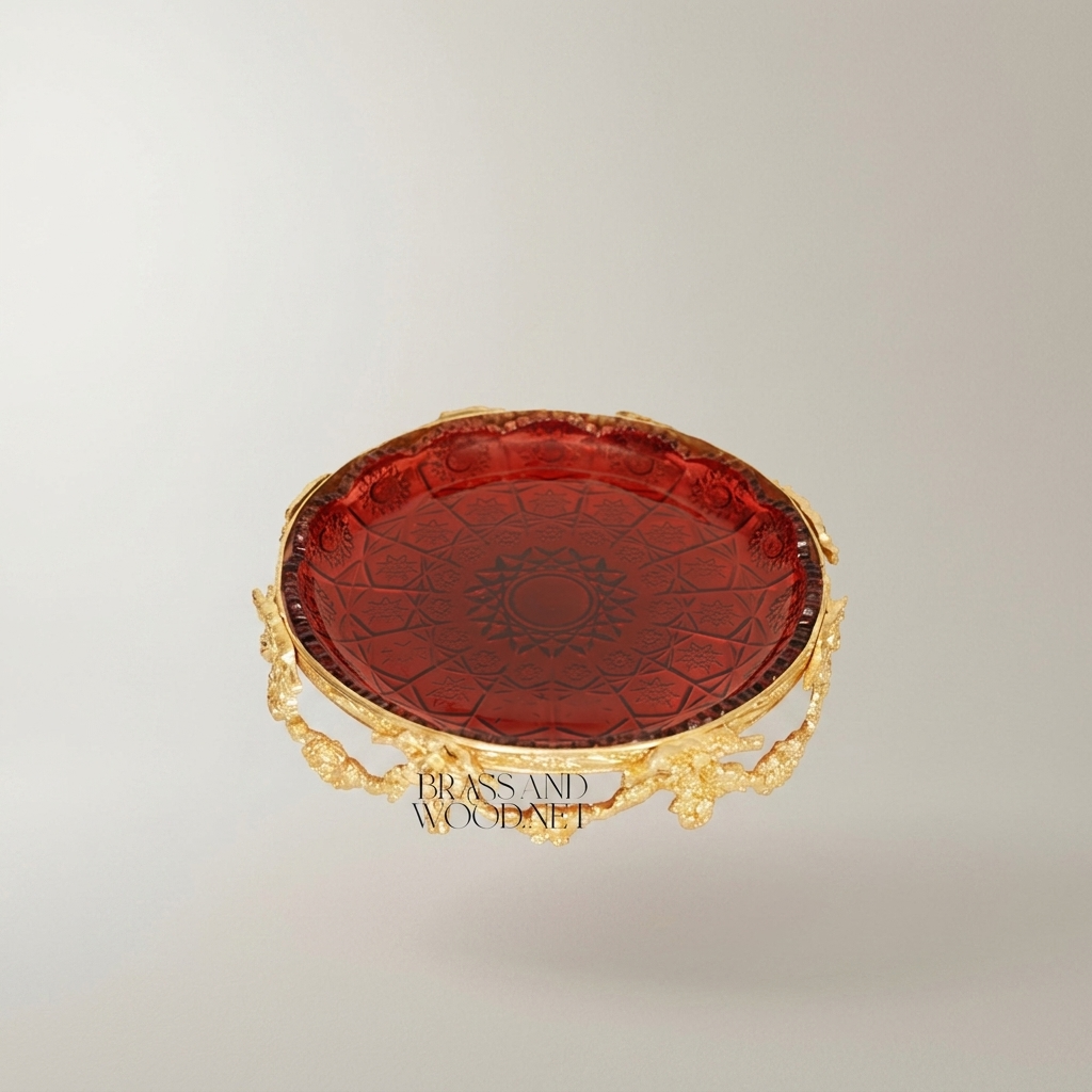 Napoleon III Rococo Revival Brass & Red Glass Decorative Tray with Floral Garland Frame