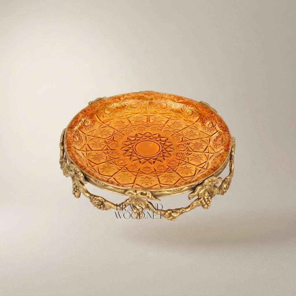 Rococo Brass & Amber Glass Round Tray — Floral Scroll Frame