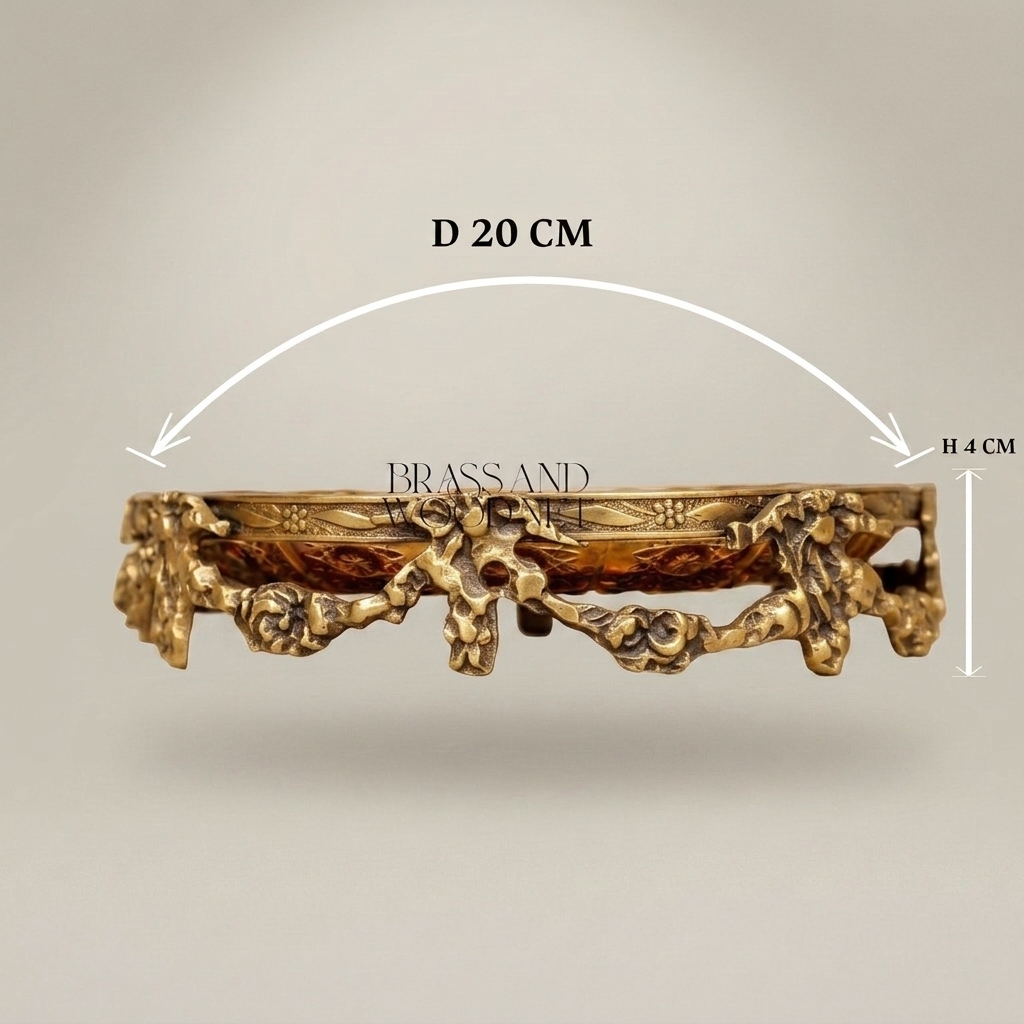 Rococo Brass & Amber Glass Round Tray — Floral Scroll Frame