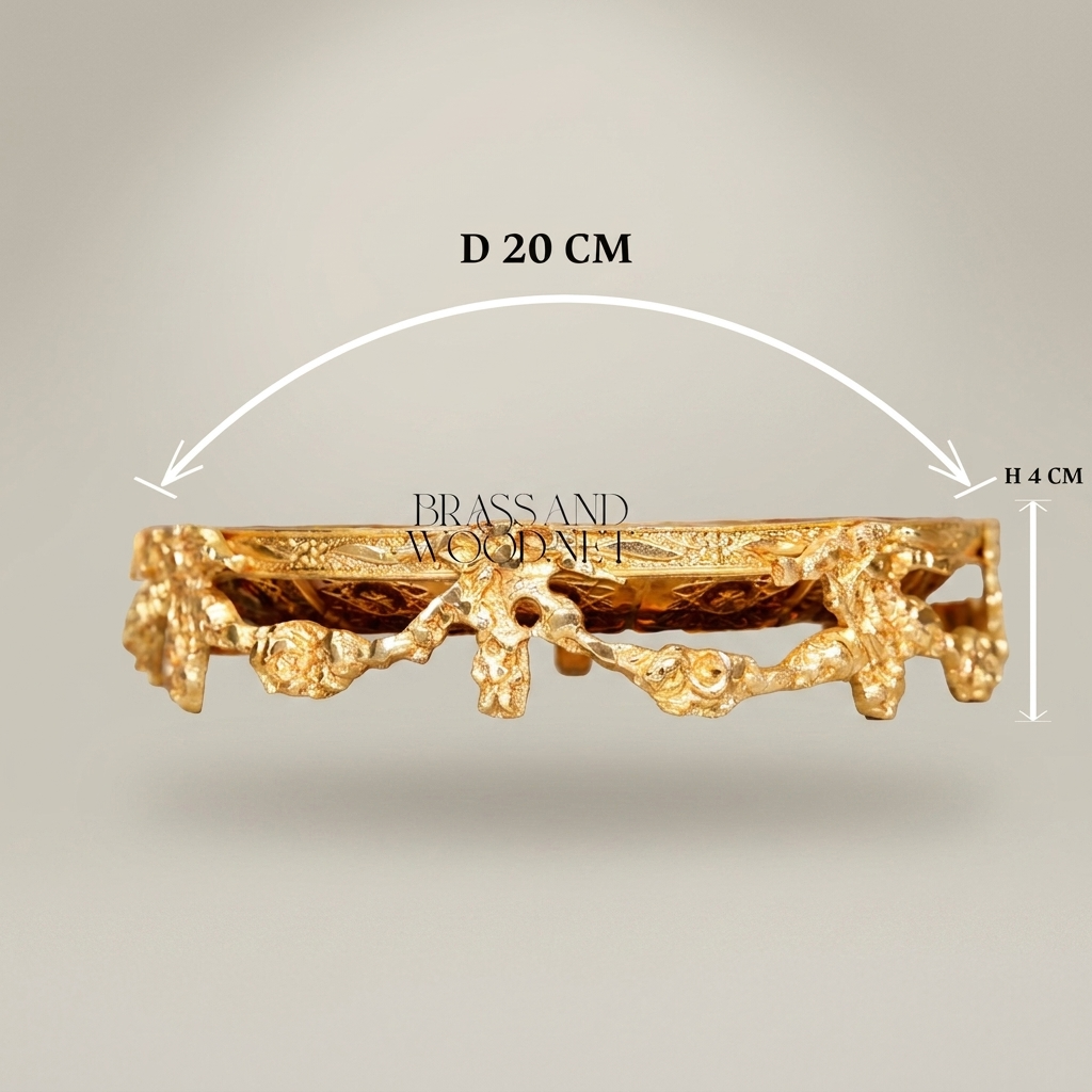 Rococo Brass & Amber Glass Round Tray — Floral Scroll Frame