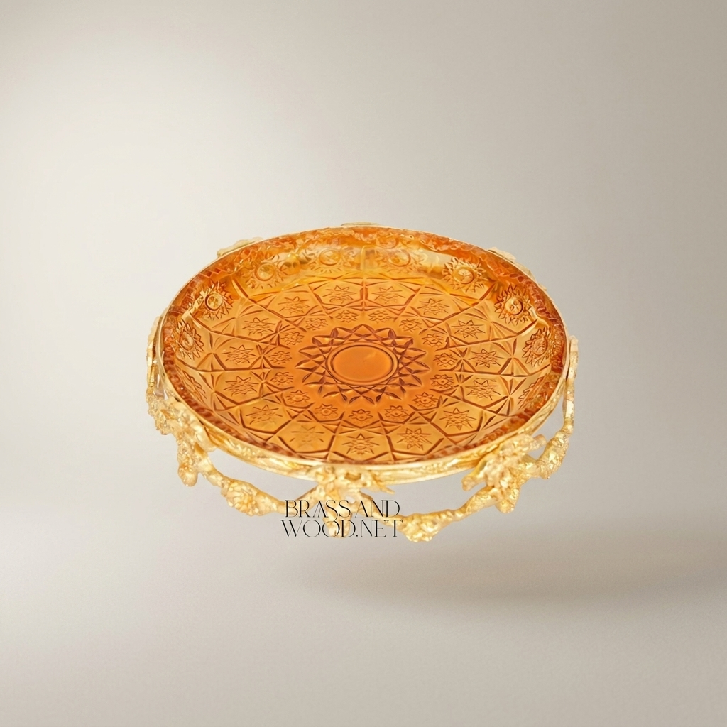 Rococo Brass & Amber Glass Round Tray — Floral Scroll Frame