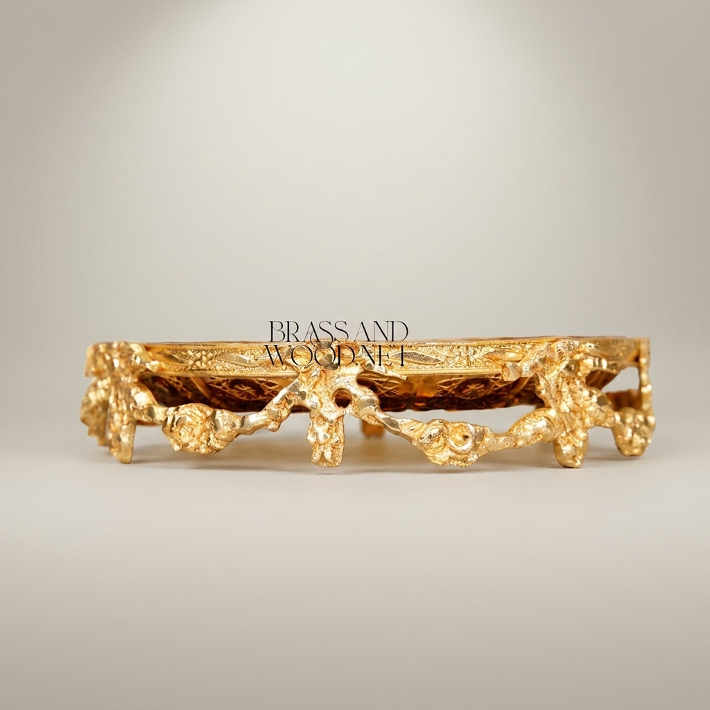 Rococo Brass & Amber Glass Round Tray — Floral Scroll Frame