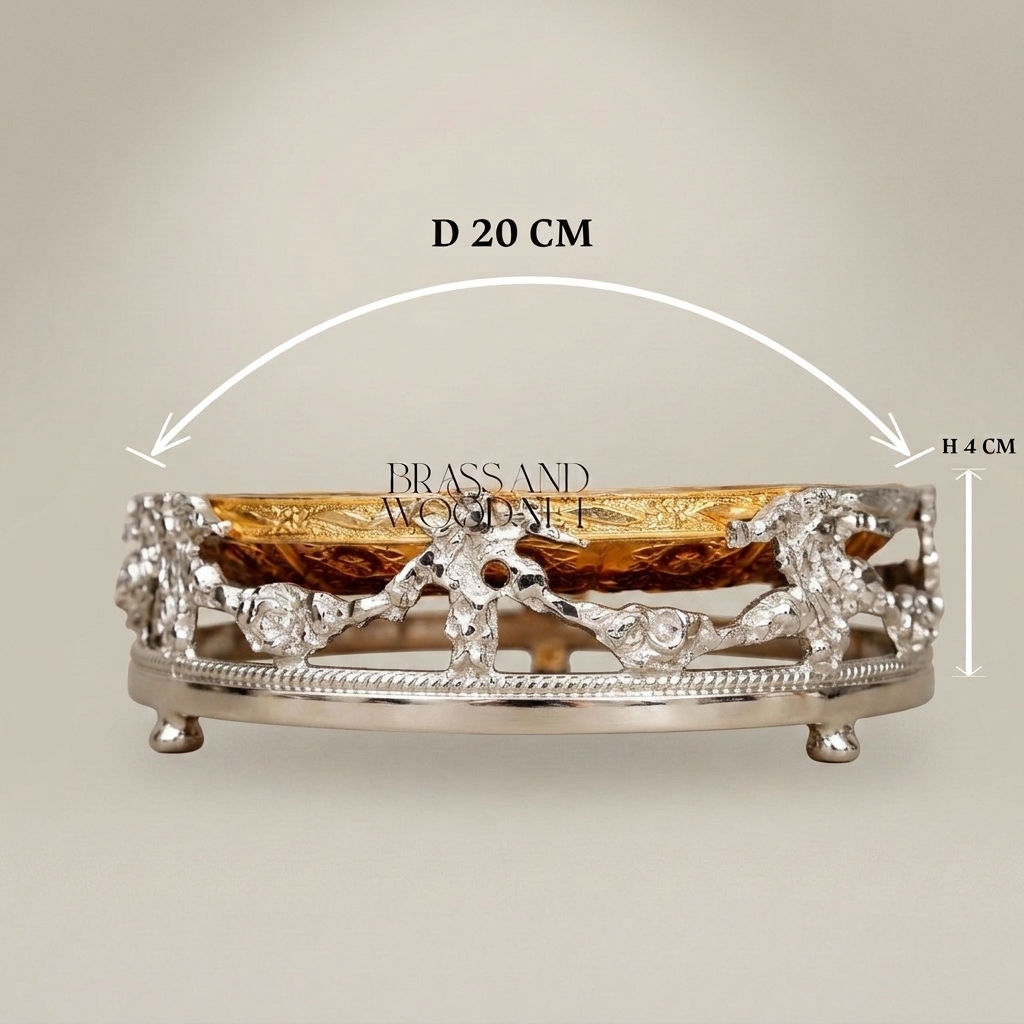 Rococo Brass & Amber Glass Round Tray — Floral Scroll Frame