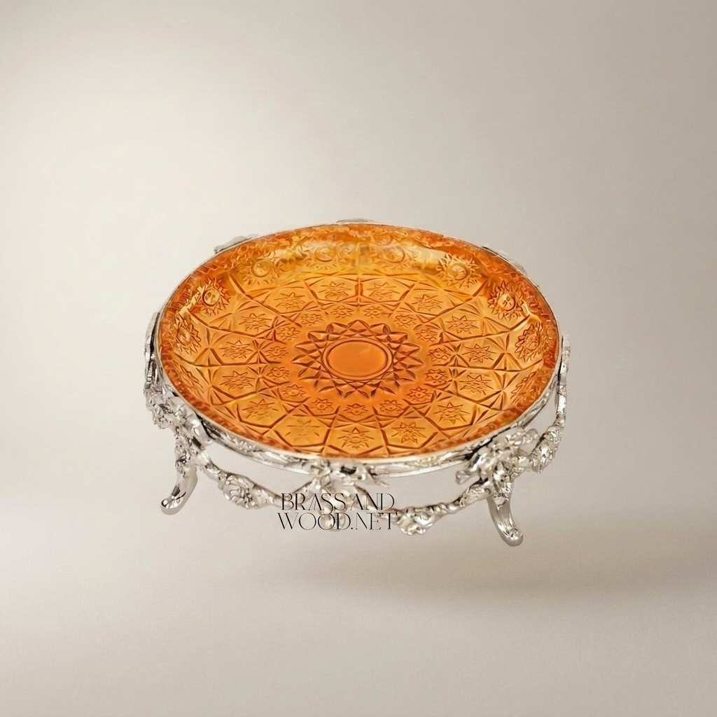 Rococo Brass & Amber Glass Round Tray — Floral Scroll Frame