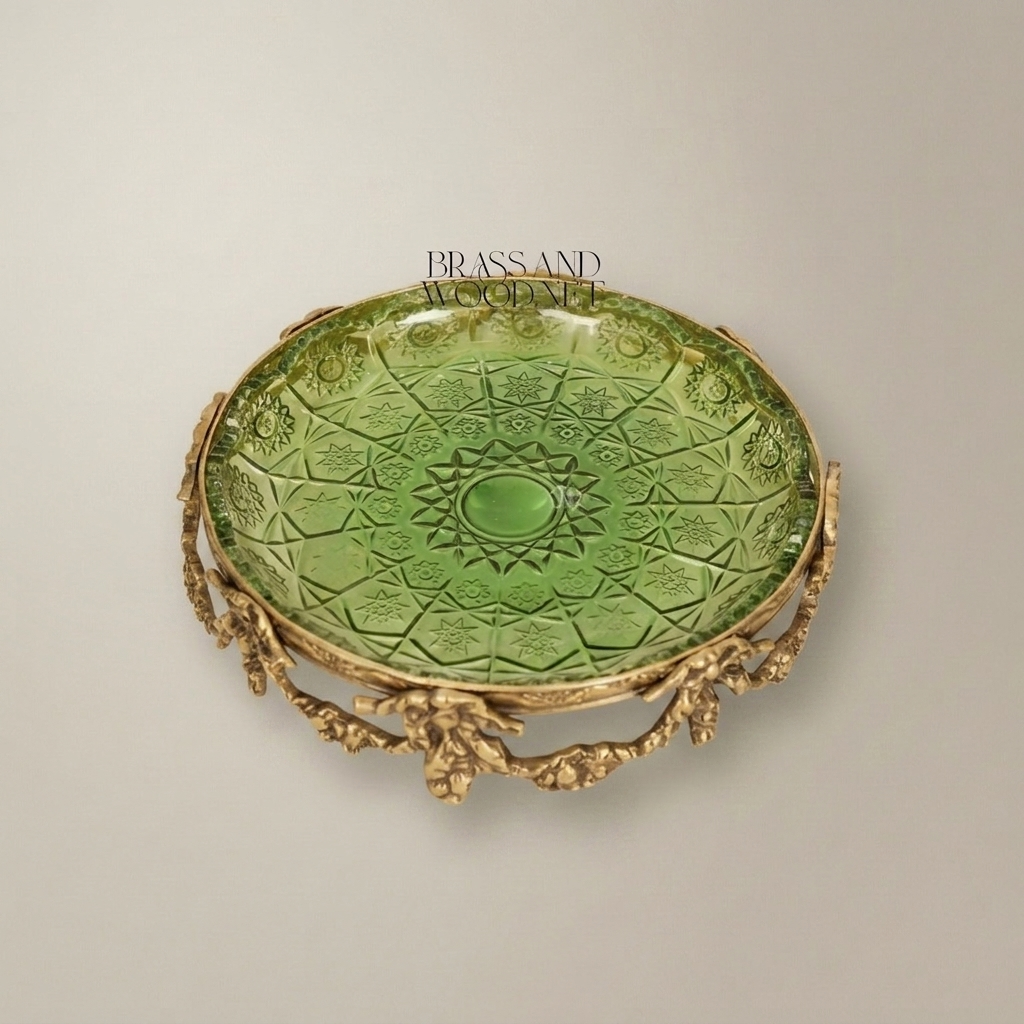 Rococo Revival Foliate Brass Stand with Geometric Pressed Glass Dish