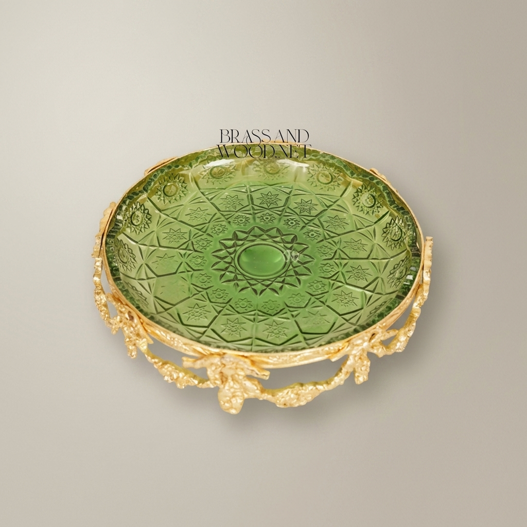 Rococo Revival Foliate Brass Stand with Geometric Pressed Glass Dish