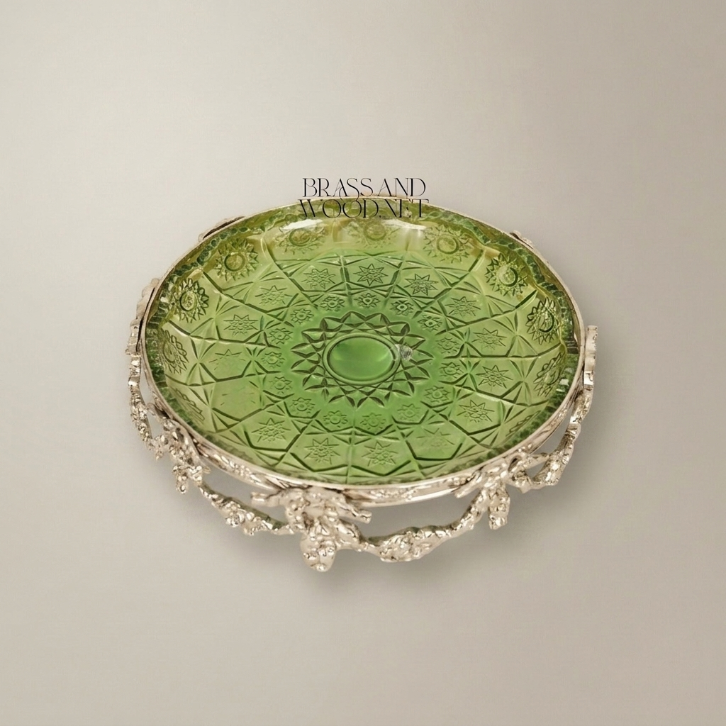 Rococo Revival Foliate Brass Stand with Geometric Pressed Glass Dish