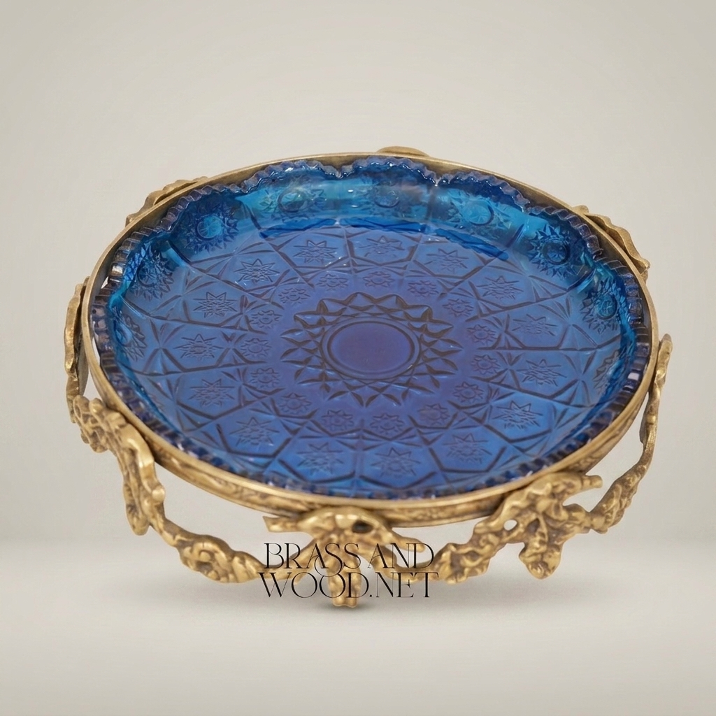 Rococo Revival Brass Filigree & Etched Glass Decorative Dish