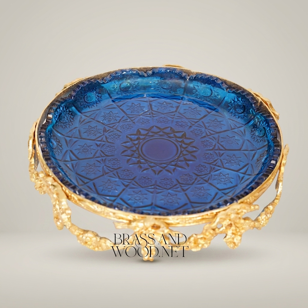 Rococo Revival Brass Filigree & Etched Glass Decorative Dish
