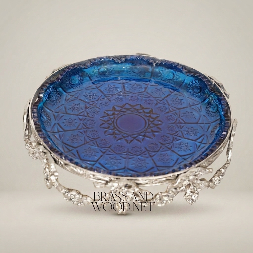 Rococo Revival Brass Filigree & Etched Glass Decorative Dish