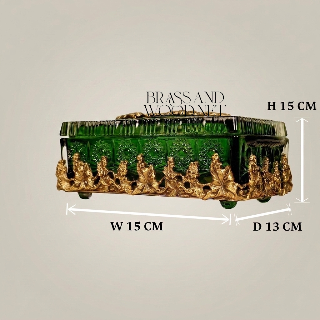Napoleon III Emerald Glass Tissue Box with Gilt Foliate Brass Crown