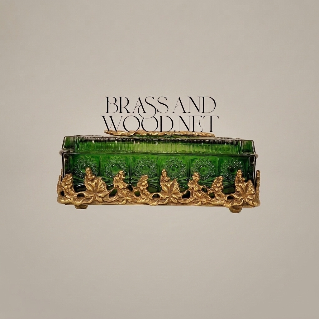 Napoleon III Emerald Glass Tissue Box with Gilt Foliate Brass Crown