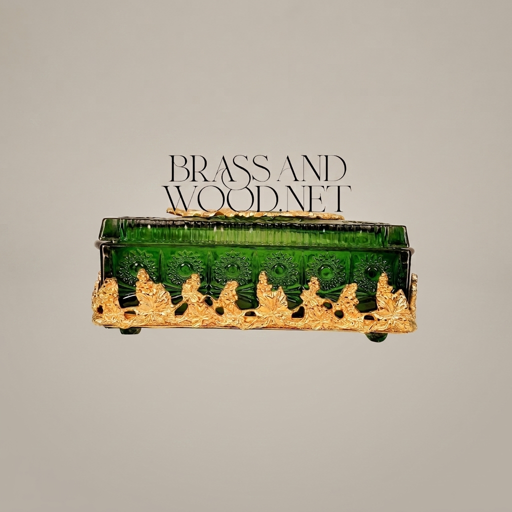 Napoleon III Emerald Glass Tissue Box with Gilt Foliate Brass Crown