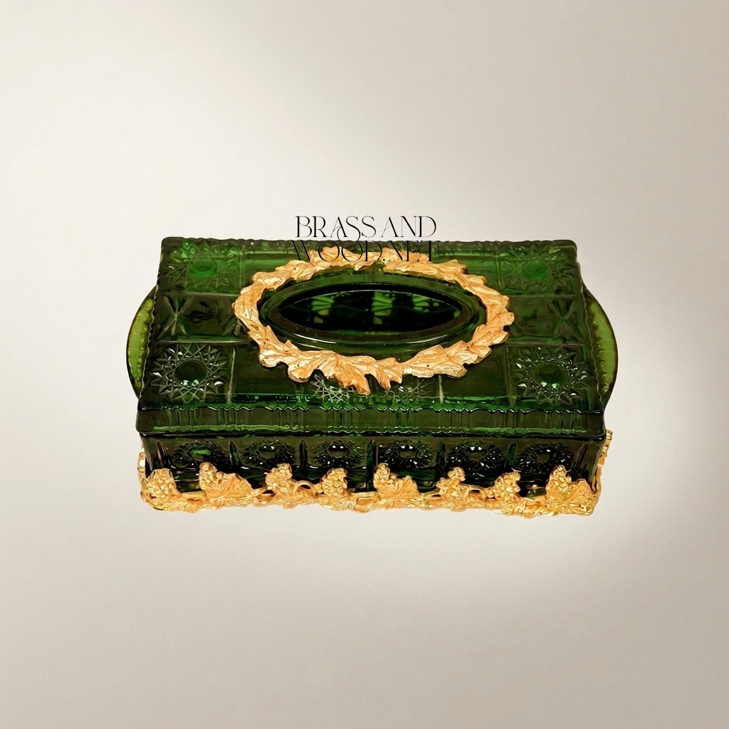 Napoleon III Emerald Glass Tissue Box with Gilt Foliate Brass Crown