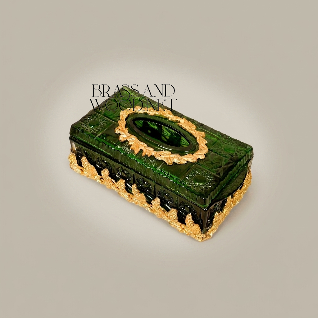 Napoleon III Emerald Glass Tissue Box with Gilt Foliate Brass Crown