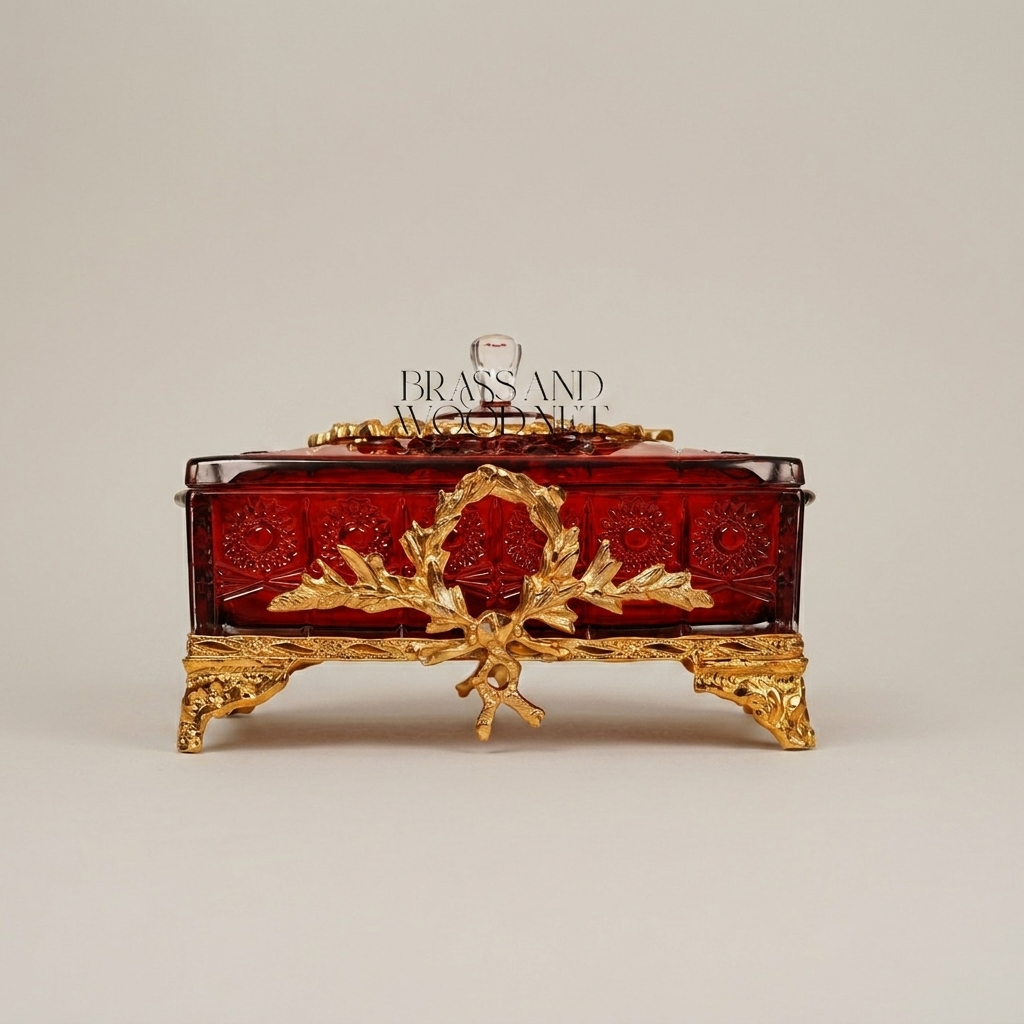 Napoleon III Rococo Revival Ruby Glass Bonbonnière with Gilt Laurel Wreath Mounts