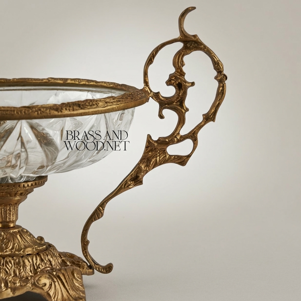 Classical Baroque Crystal & Brass Candy Bowl - Ornate Scrollwork Pedestal
